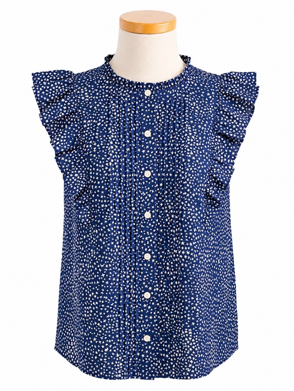LOFT Women's Navy Star Print Pink Tuck Ruffle Sleeveless Top Sz S Casual Career